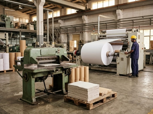 Industrial paper manufacturing plant with large paper roll machinery and stacked paper sheets