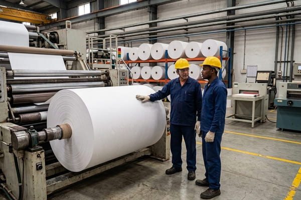 Factory workers inspecting a large paper roll on an industrial paper production machine