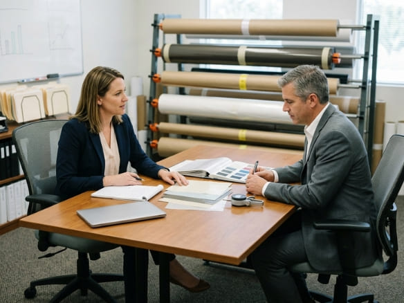 Paper and film industry professionals discussing product samples during a business consultation