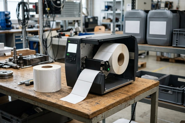 Direct thermal synthetic film roll loaded in an industrial label printing machine