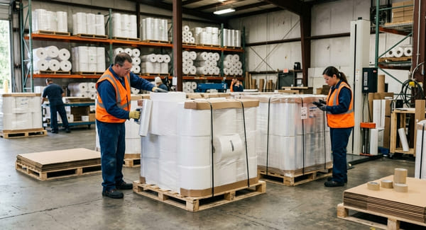 Warehouse workers inspecting and packaging large rolls of specialized paper and film