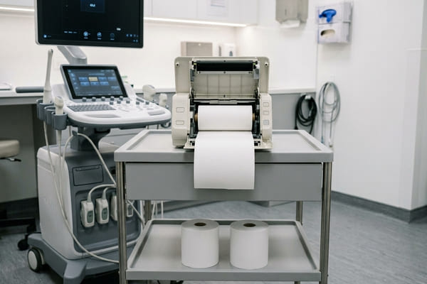 Medical ultrasound printer with thermal paper rolls in a clinical examination room